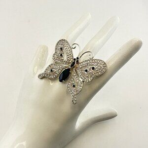 Sterling Silver Butterfly Ring Oversize JTV Black Spinel CZ 6 Insect Monarch